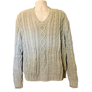 AIGLE Sweater XL Sage Green Cable Knit Pullover Long Sleeve 100% Cotton